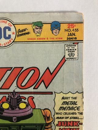 1970s Superman Action Comic No.  455 Rare Collectible Vintage DC Green Arrow,  Atom 3