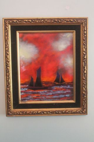 Rare Enamel On Copper Painting Of Sailboats At Sunset By Fleming Ca.  20th C.