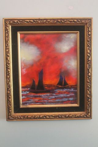 RARE Enamel on Copper Painting of Sailboats at Sunset by Fleming ca.  20th c. 3