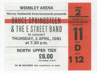 Rare Bruce Springsteen 4/2/81 London England Wembley Arena Concert Ticket Stub
