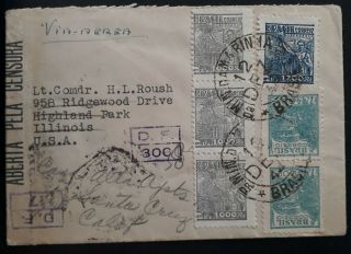 Rare 1944 Brazil Censor Cover Ties 6 Stamps Ministry Of Marinha Cds To Usa