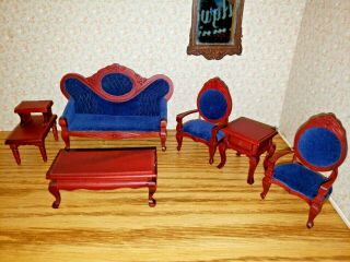Vintage Victorian Blue Velvet Living Room Furniture 6pc Dollhouse Miniature Rare
