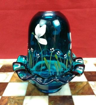 Fenton Glass Rare Teal Blue Hand - Painted Butterfly & Flowers Fairy Light Lamp