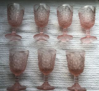 L G Wright Rare Pink Daisy And Button Wine Goblet Set Of (7) Pressed Glass Rare