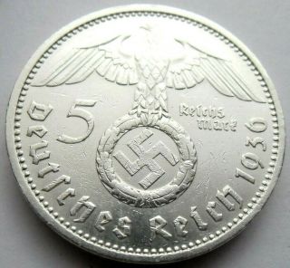 (232) Rare Wwii German 5 Mark - 1936 E - 90 Silver - Coin Big Swastika