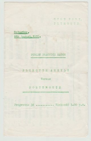 Plymouth Argyle V Portsmouth Public Practice Match Aug 8th 1970 Rare Programme