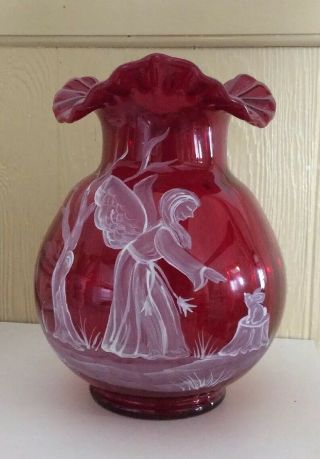 Mosser Glass Hand Painted Signed B.  Newton’s Ruby Red Ruffled Glass Vase 9” Rare