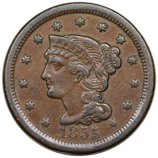 1855 Braided Hair Large Cent,  Upright 55,  Rare N - 5,  R5 -,  Vf,