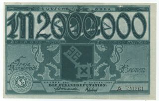 Germany Bremen Region 2,  000,  000 Mk Aunc Rare Note