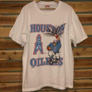 RARE VTG 90s Single Stitch Nutmeg Houston Oilers Football Print S/S T Shirt XL 2