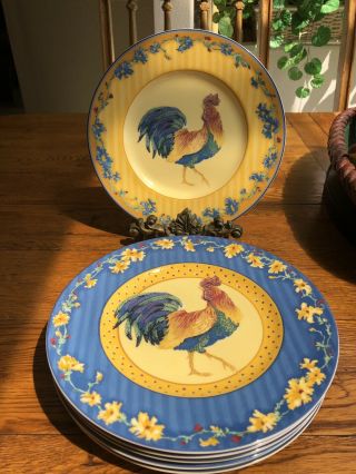 Rare Fitz And Floyd Rooster Porcelain Coq Du Village Salad Plate Set 6pc.