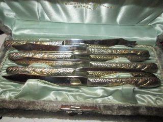 Antique Silver Gold 6 Knife Knives Set In Case M.  Judd Rare Set Ornate 5 3/4 "