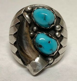 Rare Wayne Etsitty Navajo Old Pawn Sterling Silver Turquoise Bear Claw Ring