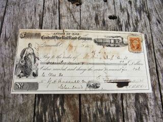 Vintage Central Ohio Railroad Company Check 1867 Rare Internal Revenue Stamp