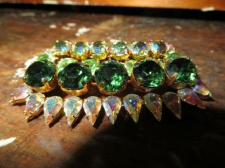 Rare Vintage 3 " Signed Austria Goldtone Emerald Green Rhinestone Brooch Pin