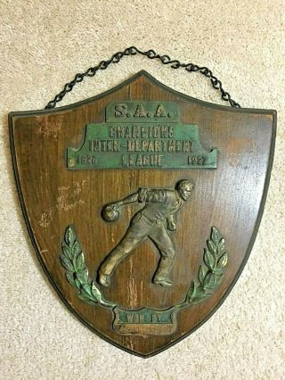 Vintage Rare 1926 1927 Bowling Hanging Plaque Trophy - Wood Brass/bronze -