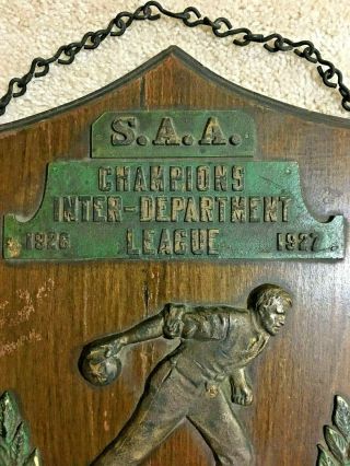 VINTAGE RARE 1926 1927 Bowling Hanging Plaque Trophy - Wood Brass/Bronze - 2