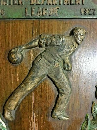 VINTAGE RARE 1926 1927 Bowling Hanging Plaque Trophy - Wood Brass/Bronze - 3