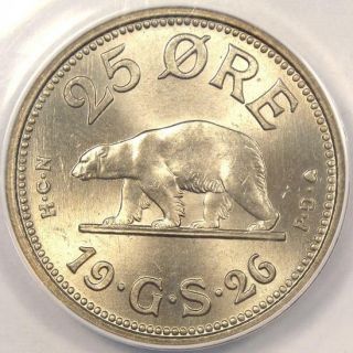 1926 Greenland 25 Ore - Anacs Ms65 - Rare Gem Bu Certified Polar Bear Coin