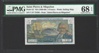 1950 Saint Pierre & Miquelon 5 Francs,  Pmg 68 Epq Gem Unc Rare Grade P - 22