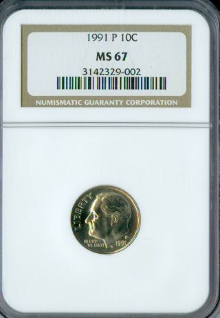 1991 - P Roosevelt Dime Ngc Ms67 2nd Finest Rare Spotless.