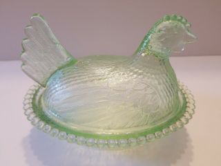 Rare Vintage Indiana Pastel Green Glass Chicken Hen On Nest Covered Dish