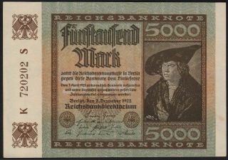 1922 5,  000 Mark Germany Rare Vintage Paper Money Banknote Currency P 81a Xf