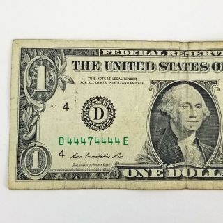 Dollar Bill Fancy Serial Number Near Solid Binary D 44474444 E Rare
