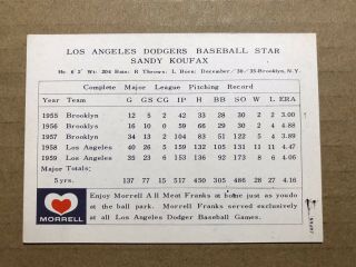 GEM RARE VTG Ungraded Card 1960 Morrell Meats Dodgers Sandy Koufax 6