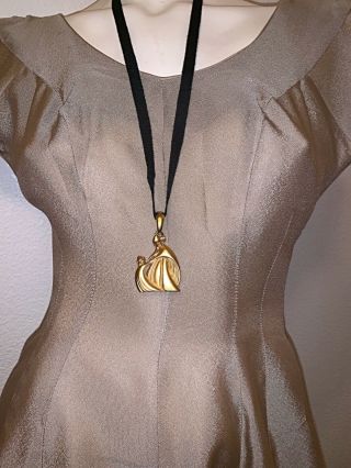 Rare Vintage 1970’s Lanvin Gold Tone Mother&child Pendant Black Ribbon Necklace