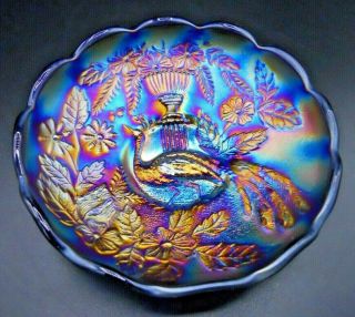 Rare Vintage Northwood Peacock And Urn Blue Carnival Glass Bowl 1 Stunning