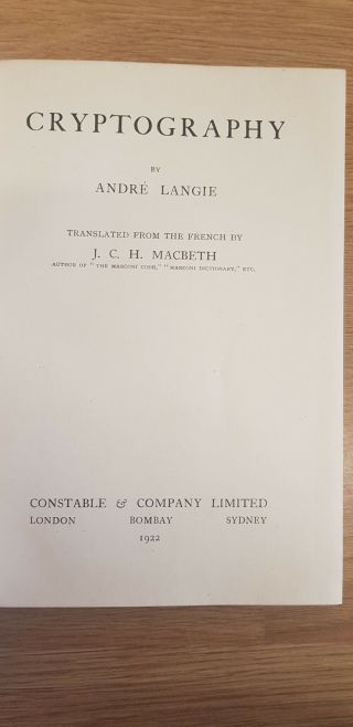 Cryptography A Study on Secret Writings Langie André Constable 1922 very rare 4