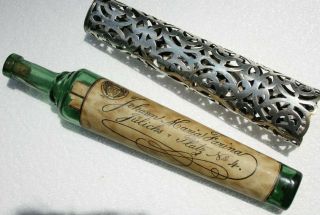 Rare Early Farina Paper Label Cologne/ Perfume Green Bottle W/ Silver Overlay