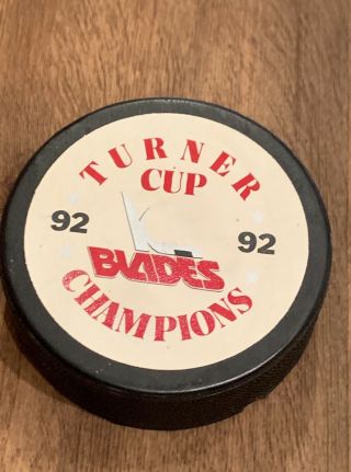 Rare Vintage Kansas City Blades 92 Turner Cup Champions Logo Hockey Puck - Ihl