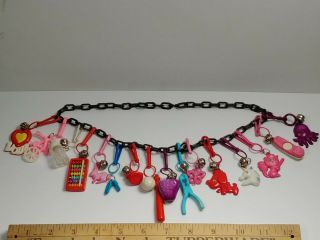 Vintage 1980s Plastic Charm Necklace With 16 Clip - On Charms And Bells Rare Black