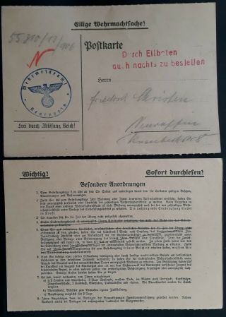 Rare C.  1940s Germany Ww2 Military Service Convocation Postcard & Reply Card