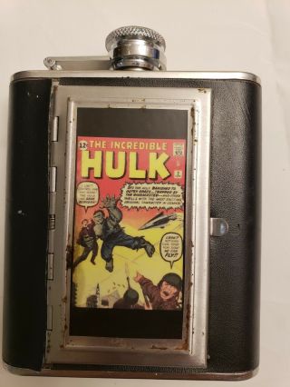 Vintage And Rare Comics Hulk Flask 5 Ounce Black Leather / Stainless Steel