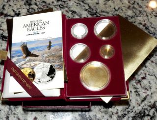 Rare Complete Box For 1995 10th Anniversary 5 Coin Gold Silver Proof Eagle Set
