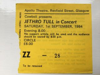 Rare 1984 Jethro Tull Concert Gig Ticket Stub Apollo Glasgow Rock Blues