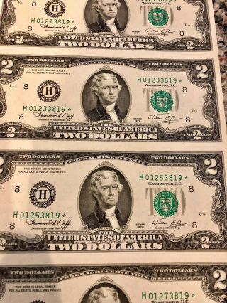 1976 (2) Uncut Currency Star Sheets 32 $2.  00 Dollar Federal Reserve Notes Rare