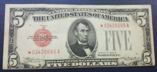 Fr - 1527 1928 B $5 Five Dollar Red Seal Star Note About Uncirculated Rare
