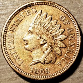 1859 Indian Cent Penny Au Bold Liberty,  Feathers,  Reverse $$$ Rare 1st Date
