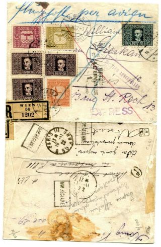 1922 Austria C 4,  6,  7 - 9 Airmail Flight Registered Express Cover To France Vf Rare