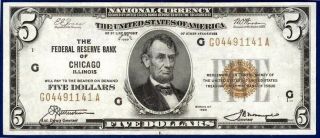 1929 $5 Federal Reserve Bank Chicago Il Five Dollars Banknote Rare