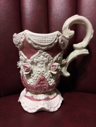 White Pink Lace Rose Footed Mug Cup Unique Rare Victorian Baroque Ornate Ooak