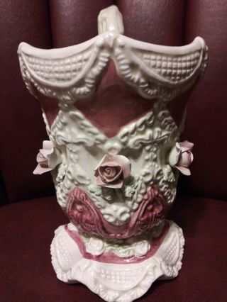 White Pink Lace Rose Footed Mug Cup Unique Rare Victorian Baroque Ornate OOAK 4