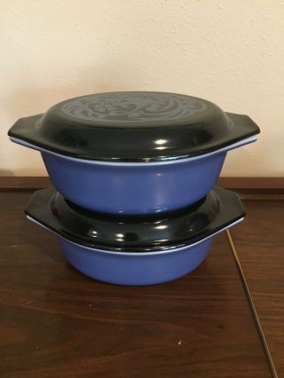 Set Of 2 Vintage Pyrex Midnight Bloom Rare Promotional Casserole Dish Blue Black