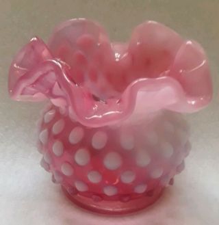 Rare Vintage Fenton Rosy Pink/white Hobnail Opalescent Milk Glass Vase Ruffled