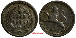 Guatemala Silver 1865 1/4 Real Better Date Mintage - 23,  000 Toning Rare Km 130
