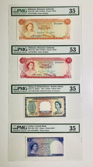 Pmg X 4 Qe2 Notes Bahamas,  Malaya,  Ceylon Vf To Aunc / Rare /